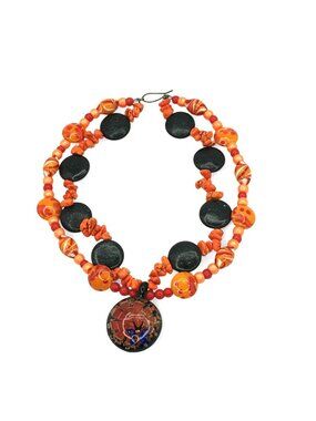 Orange Black Beaded Artisian Necklace Art Glass Butterfly Pendant Stone Stunning